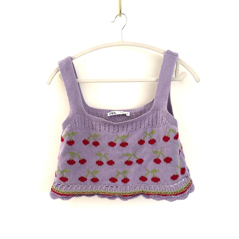 ZARA Cherry Knit Crop Top – Purple Tank with Embroidered Fruit Y2K Cottagecore M